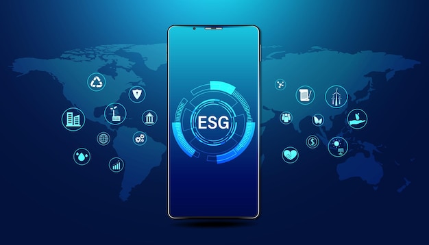 Abstract ESG with icon concept phone and world map sustainable corporate development Environment Social and Governance on a modern blue background