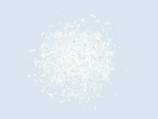 Abstract explosion cloud of white pieces on light blue background. Explosive destruction. Particles of broken glass. Vector illustration.