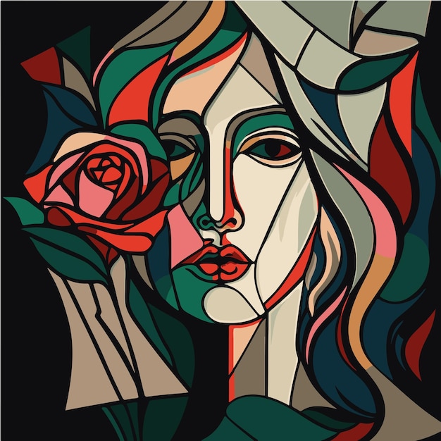 abstract face of a beautiful woman fused with a rose in the style of picasso