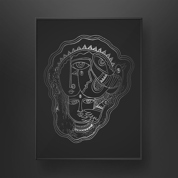 Abstract face line art hand drawn on dark background with bird paintbrush drawing