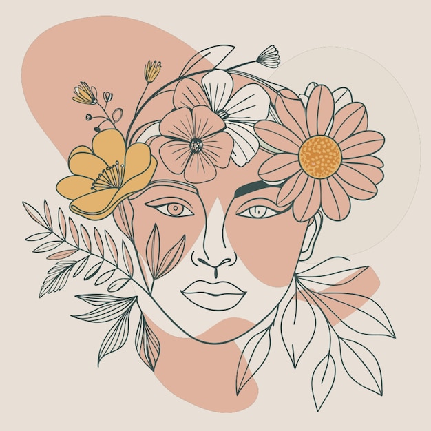 Vector abstract face with flowers by one line vector drawing portrait minimalistic style vector