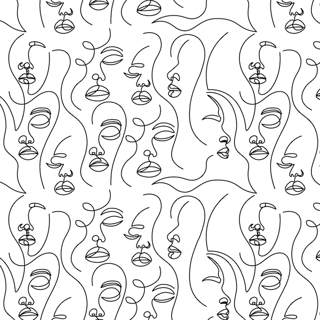 Abstract faces seamless pattern one line