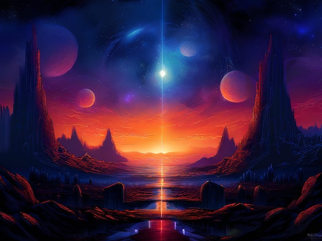 abstract fantasy landscape with mountains stars planet planet and moon 3d rendering illustr