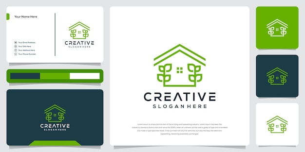 Abstract farm and house with line art logo template and business card