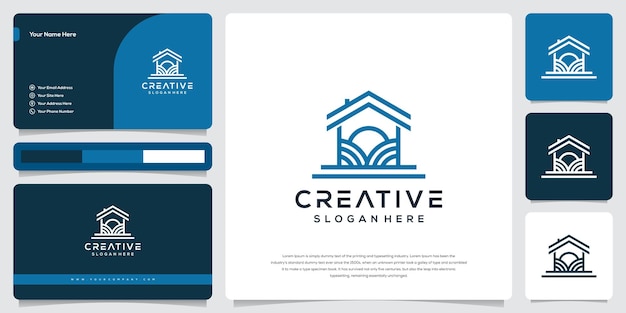 Abstract farm and house with line art logo template and business card