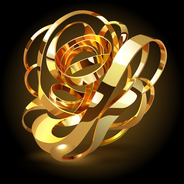 Abstract figure made of intertwined golden shiny metallic ribbons with glares and glow on dark background