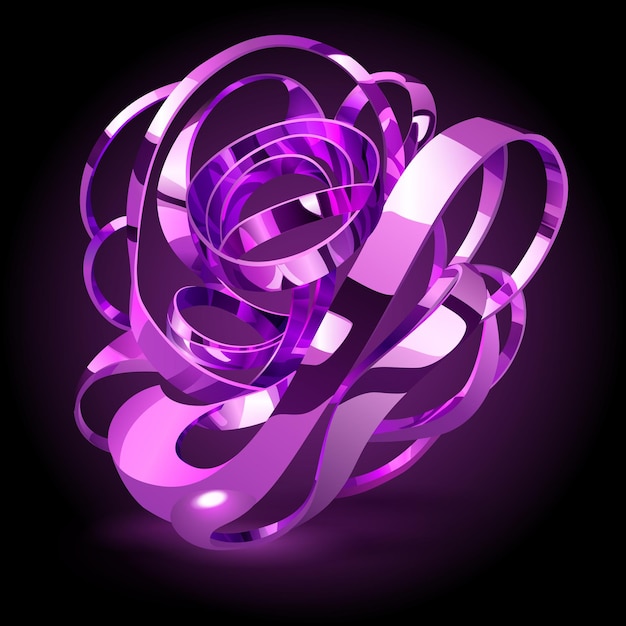 Abstract figure made of intertwined purple shiny metallic ribbons with glares and glow on dark background