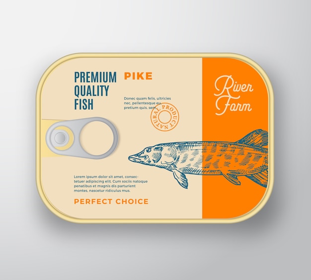 Abstract  Fish Aluminium Container with Label Cover. Retro Premium Canned Packaging .