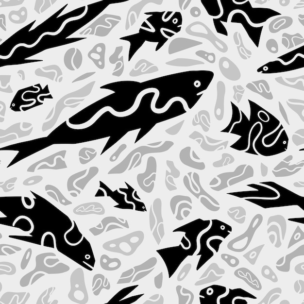 Abstract fishes simple geometric style ornament Seamless pattern of underwater sea creatures in primitive art style Hand drawn vector illustration