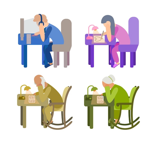 Abstract flat clip illustration.People of different ages sitting at the table.Generation change.