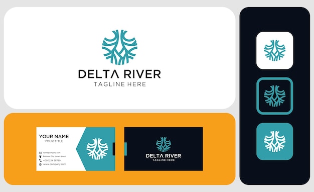 Abstract flat minimalist river delta logo and business card template