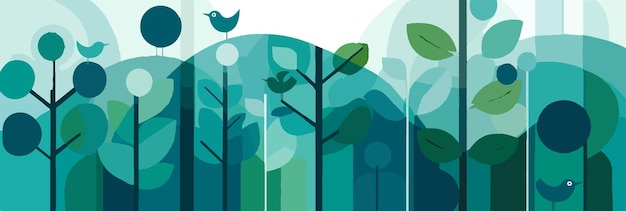 Vector abstract flat poster with trees birds and flowers minimalist simple icon forest eco banner wide