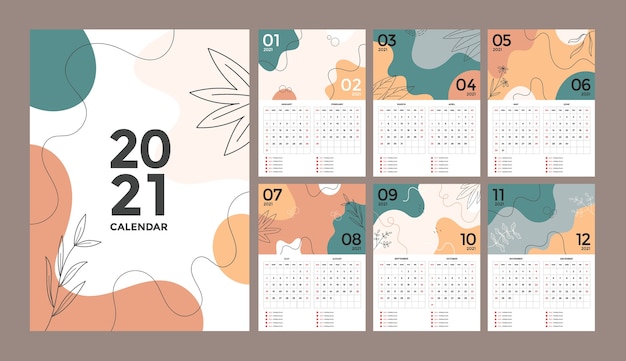 Abstract floral creative wall calendar design with week starts on sunday