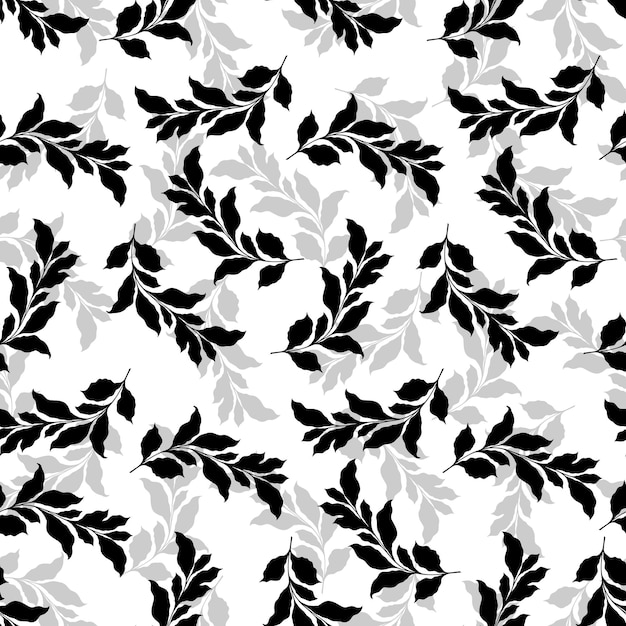 Abstract floral graphic seamless pattern in black and white colors Twigs with leaves silhouettes background Illustration for wallpaper wrapping textile