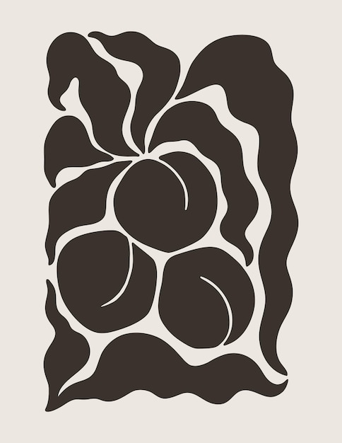 Abstract Floral Peach Fruit and Leaves Poster Modern Botanical Print in Contemporary Minimal Style