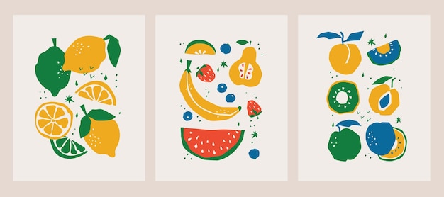 Abstract Floral Posters Set with Fruits and Leaves Trendy Groovy Abstract paper cut elements