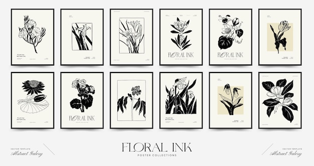 Abstract floral posters template collection. Modern Botanical trendy black style. Vintage flowers.