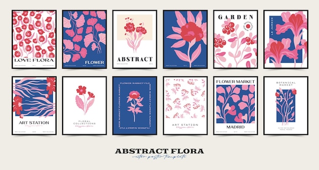 Abstract floral posters template collection Modern trendy Matisse minimal style Pink and blue colors