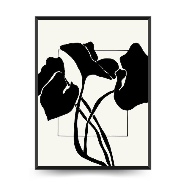 Abstract floral posters template. Modern Botanical trendy black style. Vintage flowers. Ink wall  ar