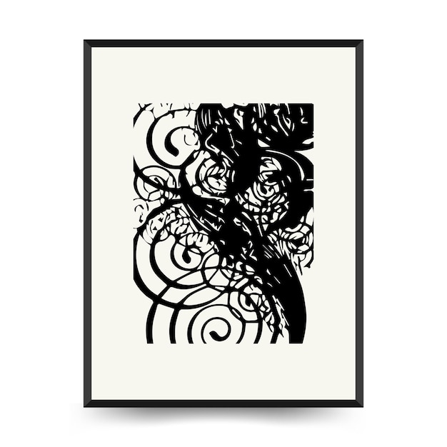 Abstract floral posters template. Modern Botanical trendy black style. Vintage flowers. Ink wall  ar