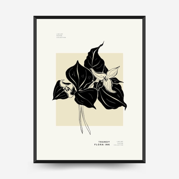 Abstract floral posters template. Modern Botanical trendy black style. Vintage flowers. Ink wall art