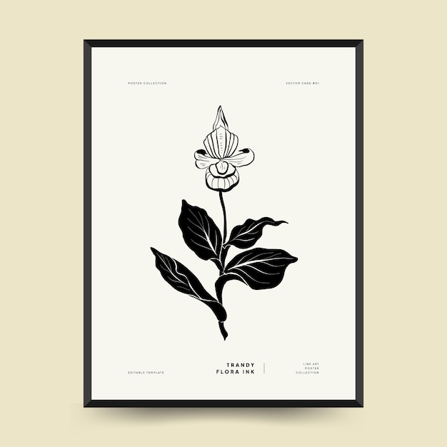 Abstract floral posters template. Modern Botanical trendy black style. Vintage flowers. Ink wall art