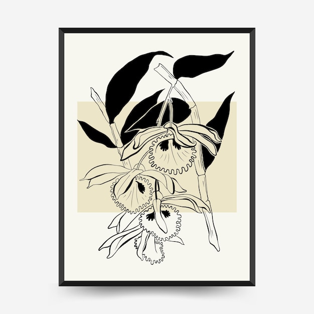 Abstract floral posters template. Modern Botanical trendy black style. Vintage flowers. Ink wall art