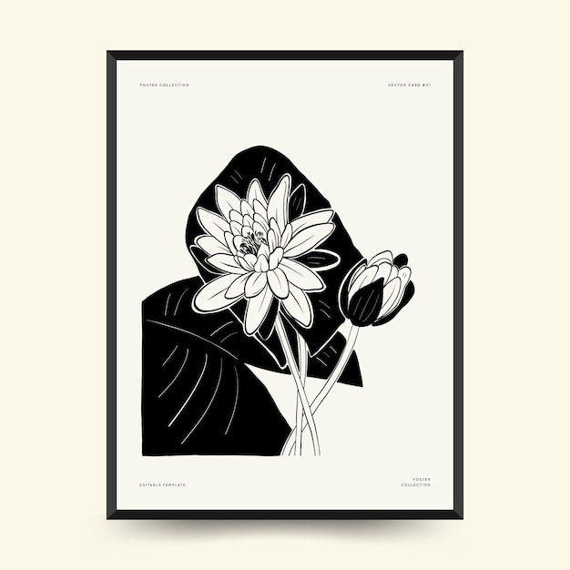 Abstract floral posters template. Modern Botanical trendy black style. Vintage flowers