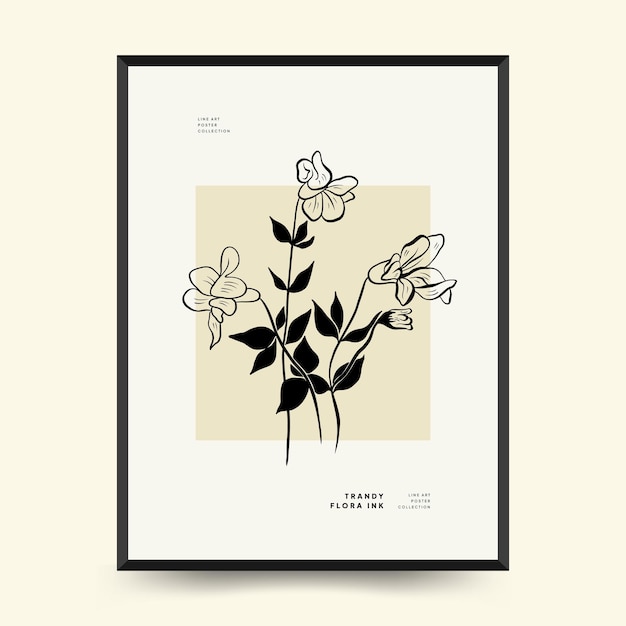 Abstract floral posters template. Modern Botanical trendy black style. Vintage flowers