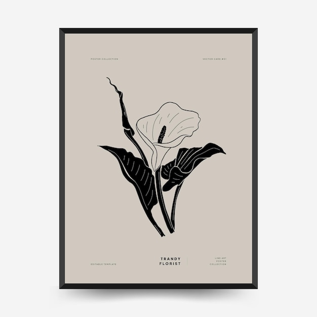 Abstract floral posters template. Modern Botanical trendy black style. Vintage flowers.