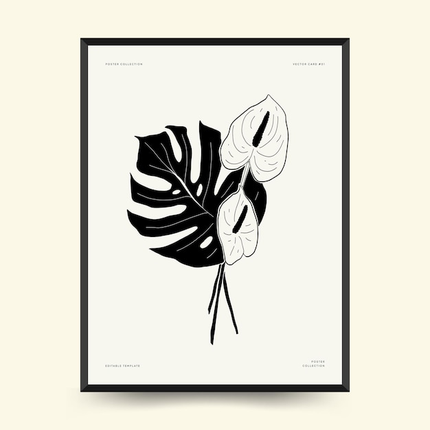 Abstract floral posters template. Modern Botanical trendy black style. Vintage flowers.