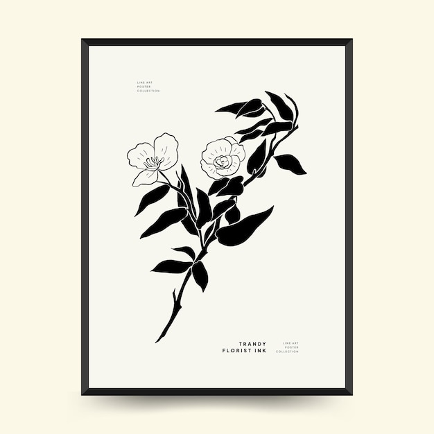 Abstract floral posters template. Modern Botanical trendy black style. Vintage flowers.