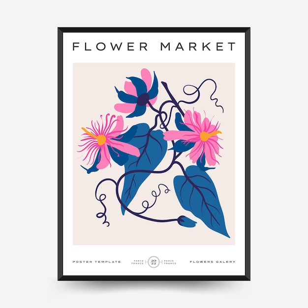 Abstract floral posters template Modern trendy Matisse minimal style Pink and blue colors Hand drawn design for wallpaper wall decor print postcard cover template banner