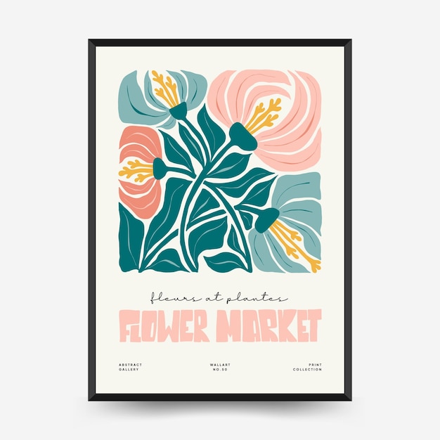 Abstract floral posters template. Modern trendy Matisse minimal style. Pink and blue colors.