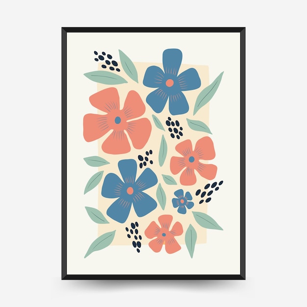 Abstract floral posters template. Modern trendy Matisse minimal style. Pink and blue colors.