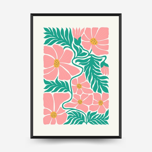 Abstract floral posters template Modern trendy Matisse minimal style Pink and blue colors