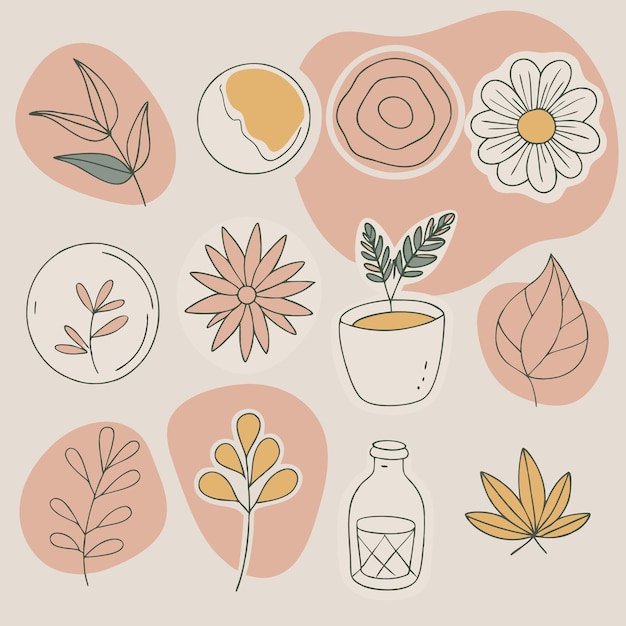 Vector abstract floral stickers with leaves flowers and plants in earthy tones