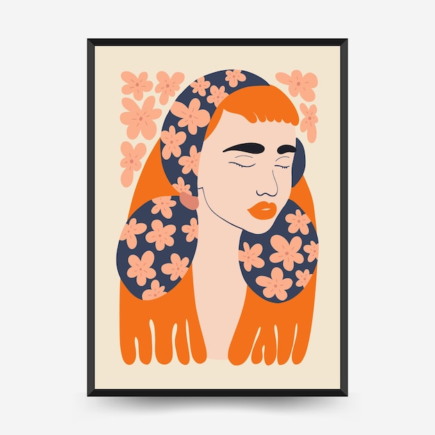 Abstract floral and women posters template Modern trendy Matisse minimal style Cute girl