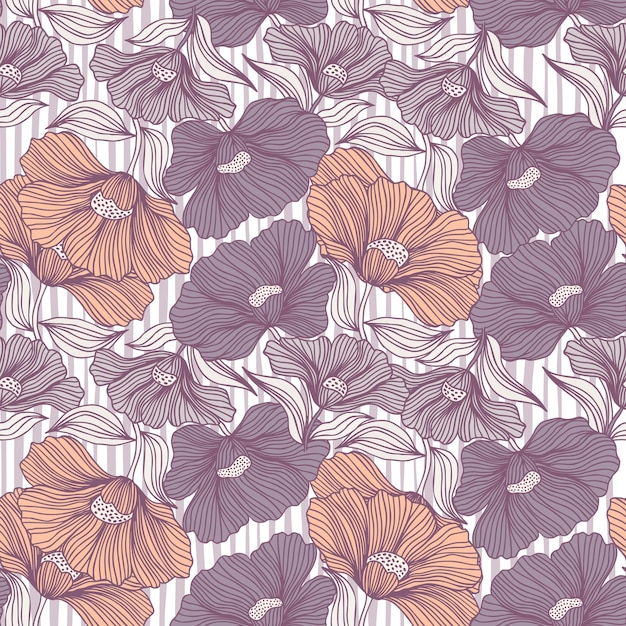 Abstract flower line seamless pattern Delicate floral vintage outline endless background Retro style