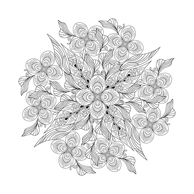 Abstract flower sketch black and white hand drawn illustration bouquets floral coloring page adult