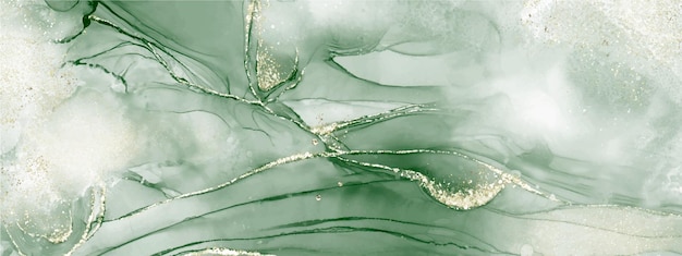 Abstract fluid art with green alcohol ink technique and golden splash