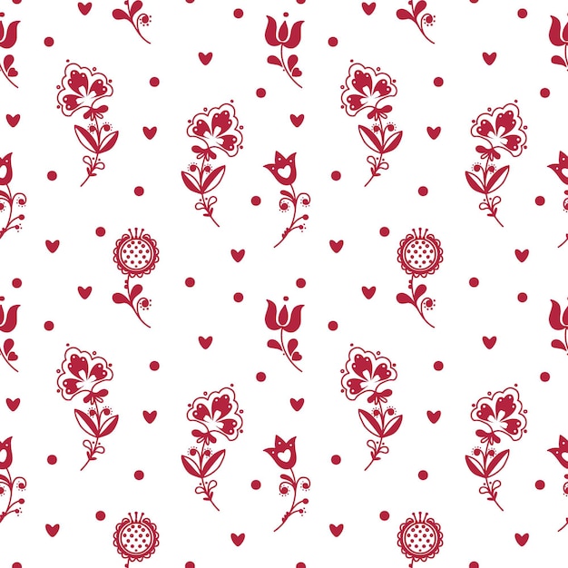 Abstract folk seamless pattern with hearts and decorative elements