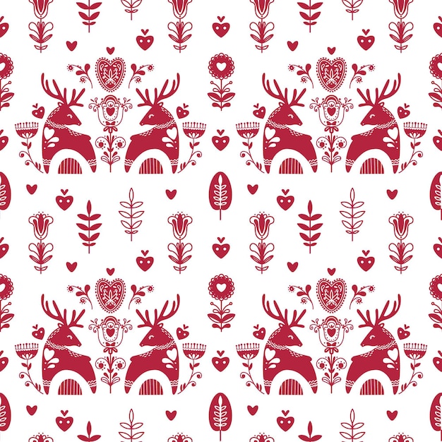 Abstract folk seamless pattern with hearts and deers