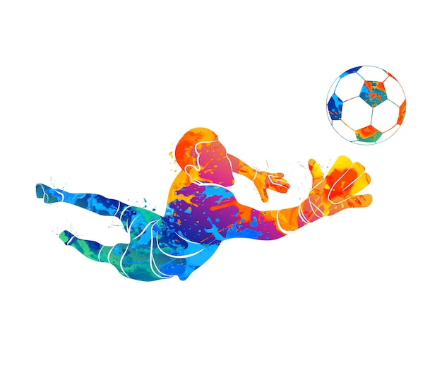 Abstract football goalkeeper is jumping for the ball Soccer from a splash of watercolors.  illustration of paints.