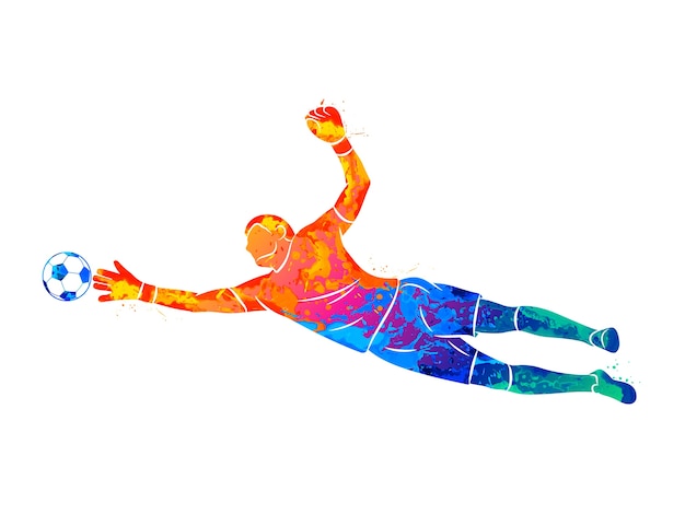 Abstract football goalkeeper is jumping for the ball Soccer from a splash of watercolors.  illustration of paints.