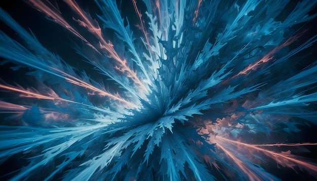 Abstract fractal art resembling an explosion of ice and fire with blue teal and orange hues bursting from the center