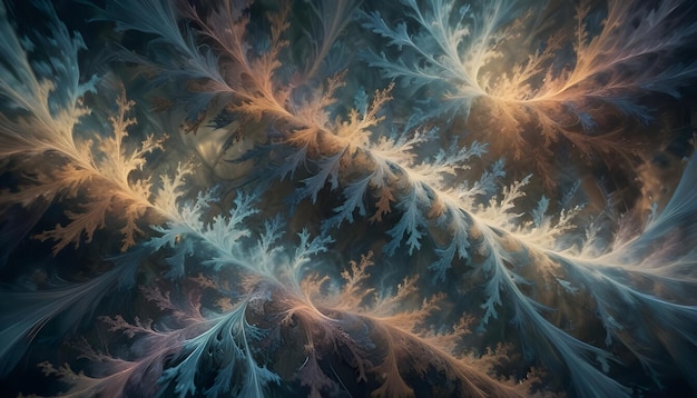 Abstract fractal art resembling frosty delicate branches in shades of blue teal and orange against a dark background