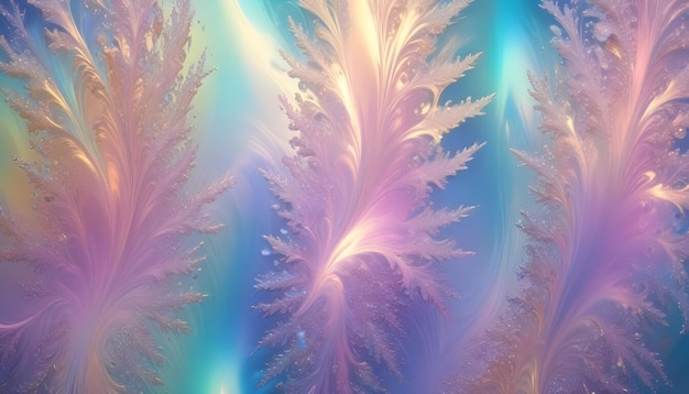 Vector abstract fractal art with a delicate feathery design in shades of pink white blue and green the background is a gradient of blue and green colors