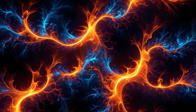 Vector abstract fractal artwork resembling swirling flames in shades of blue and orange creating a dynamic and energetic design