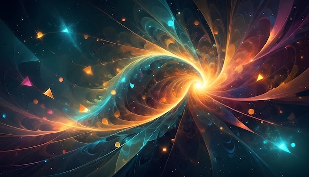 Abstract fractal design with a swirling vortex of orange and teal light against a dark background